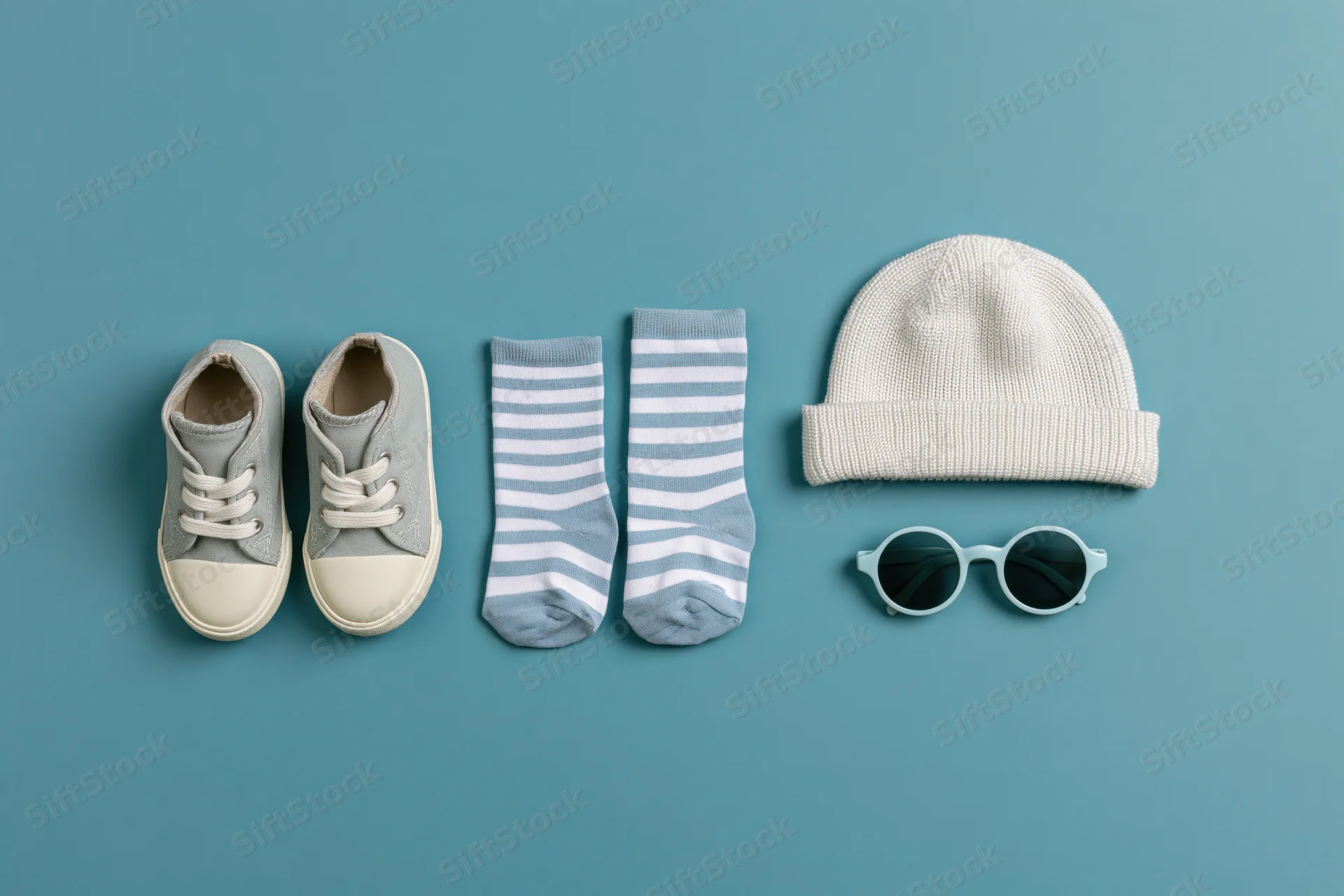 Baby accessories arranged in a row on a solid teal background