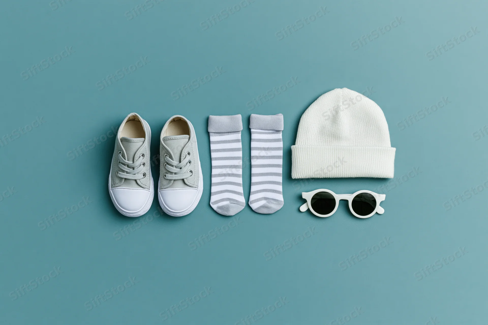 Baby accessories arranged in a row on a teal background