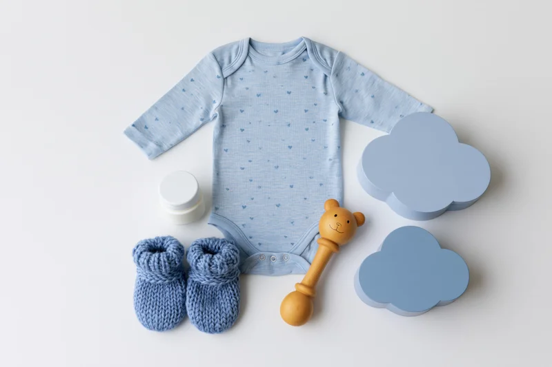 Baby boy essentials arranged in flat lay on white surface including blue onesie, knitted booties, wooden rattle, and cloud-shaped boxes