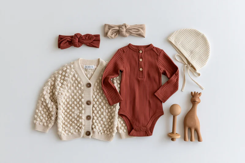 Baby clothing and accessories arranged in flat lay on white surface
