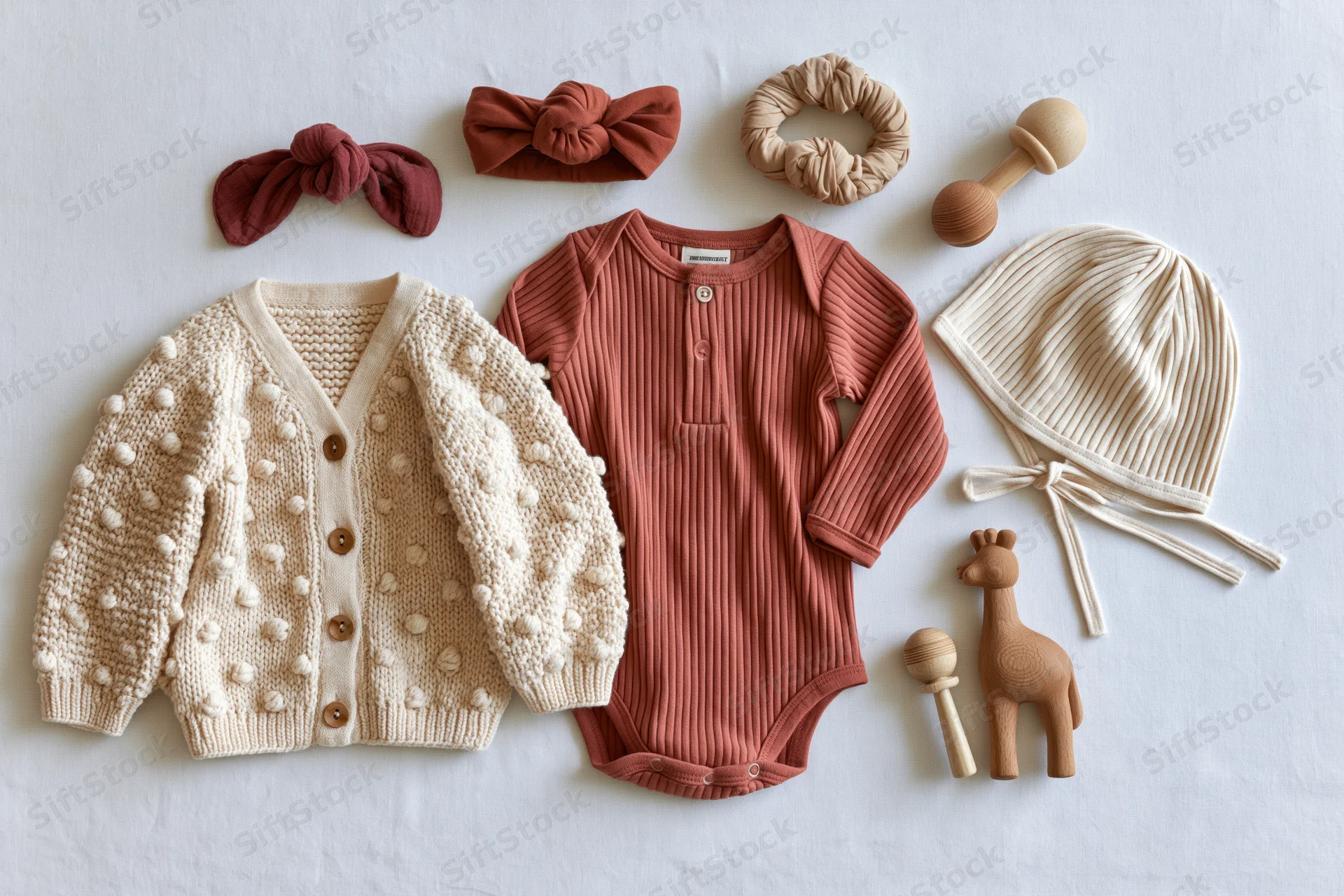 Baby clothing and accessories arranged in flat lay on white surface