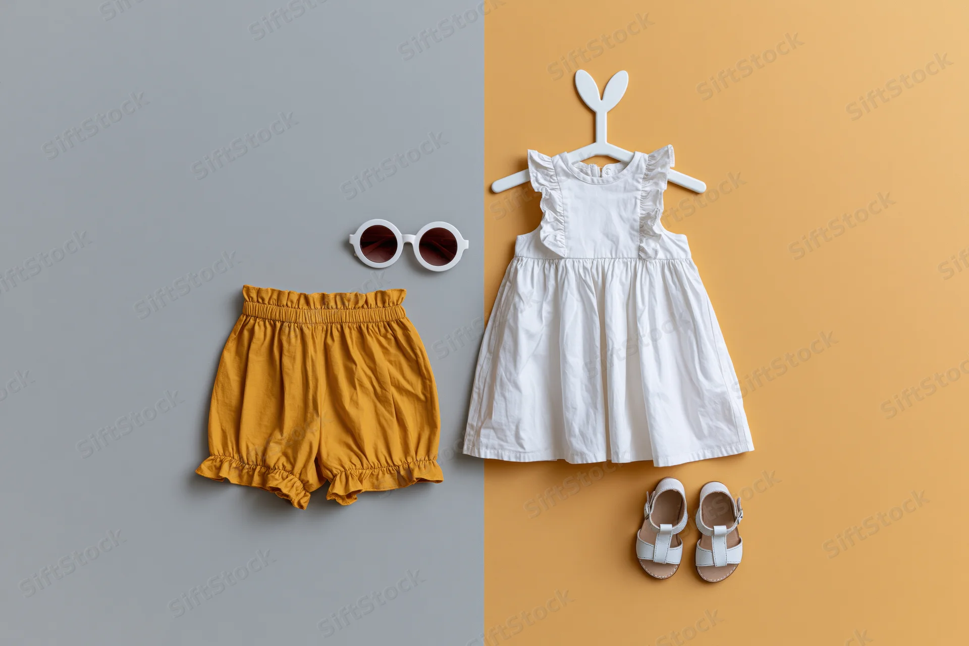 Baby girl summer outfit laid flat on two-tone background with white dress, yellow shorts, white sandals and sunglasses