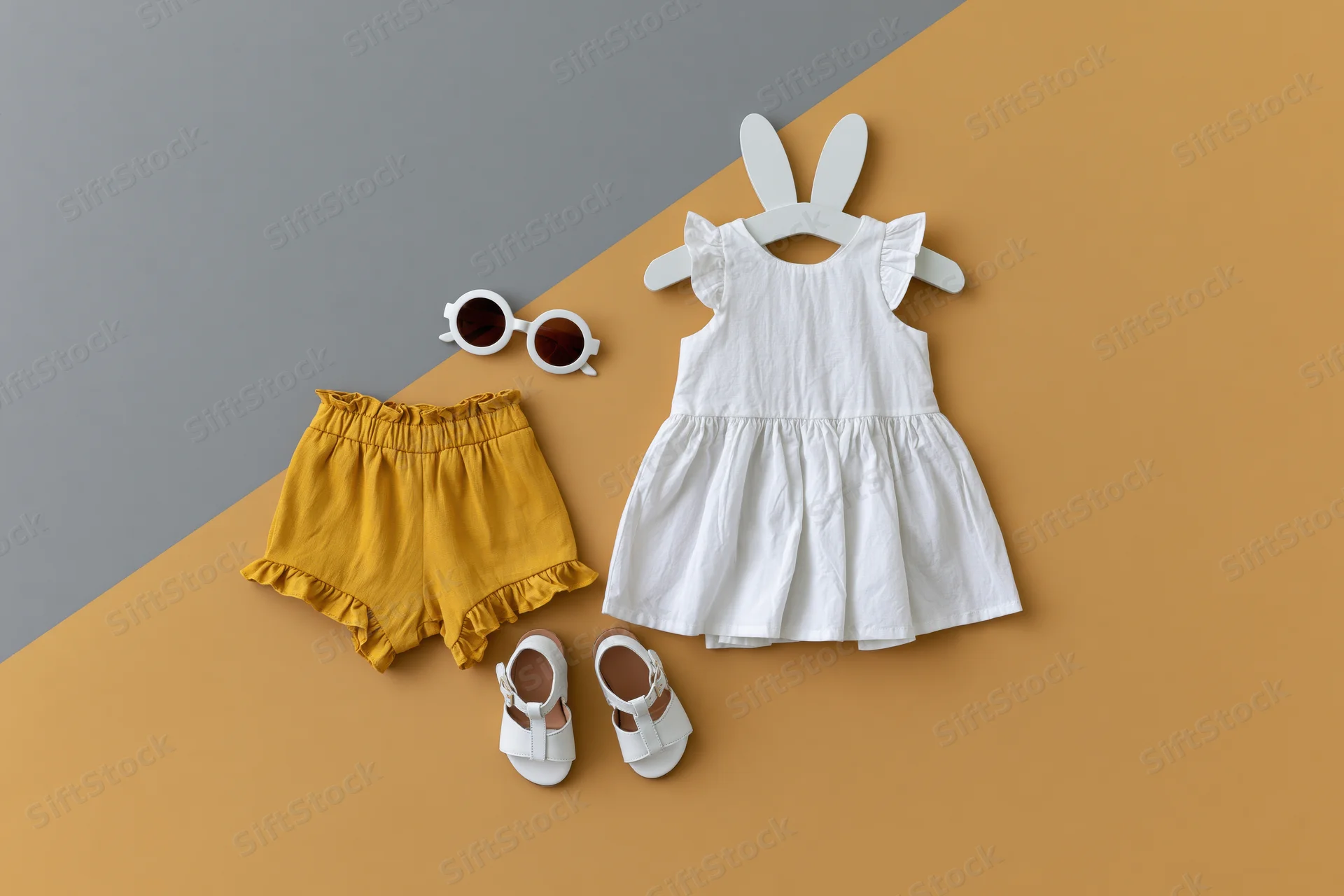 Baby girl summer outfit flat lay with white dress, yellow shorts, sandals and sunglasses on two-tone background
