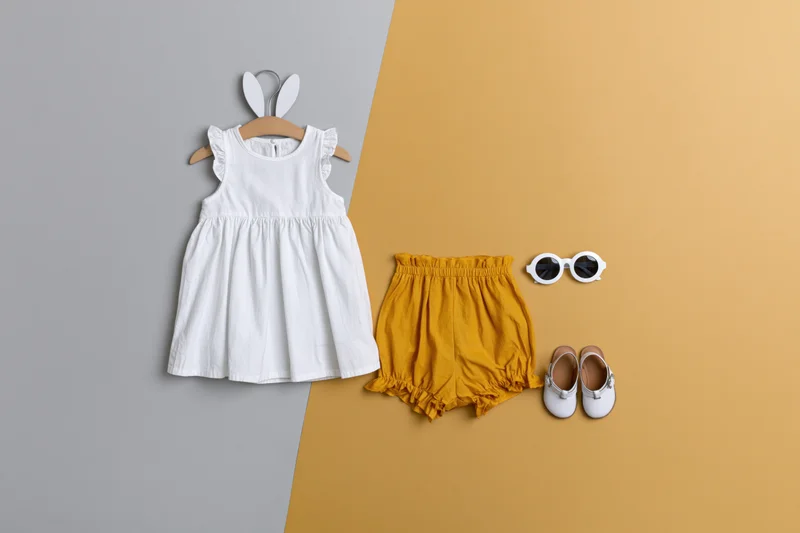 Baby girl summer outfit flat lay with white dress, yellow shorts, white shoes and sunglasses on two-tone background