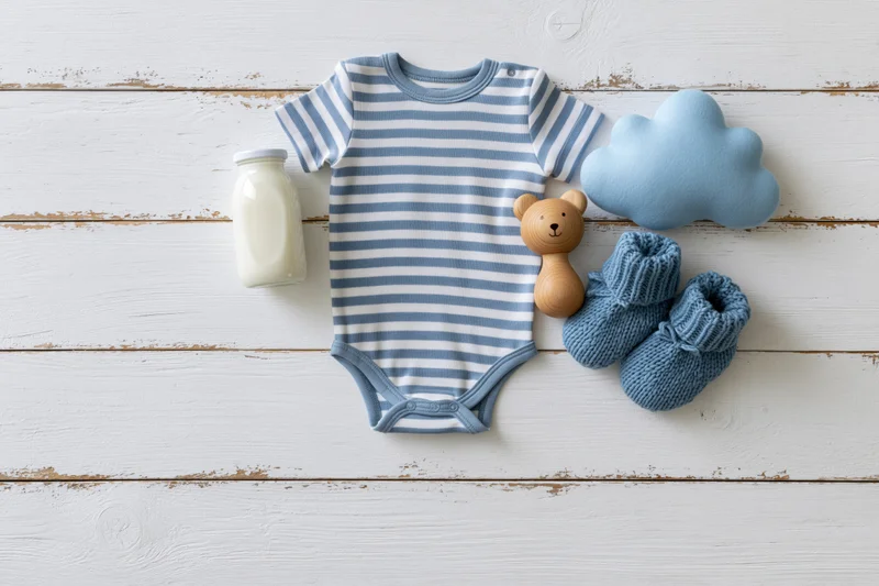 Baby onesie with knitted booties, wooden bear toy, milk bottle and cloud plush arranged on white wooden planks