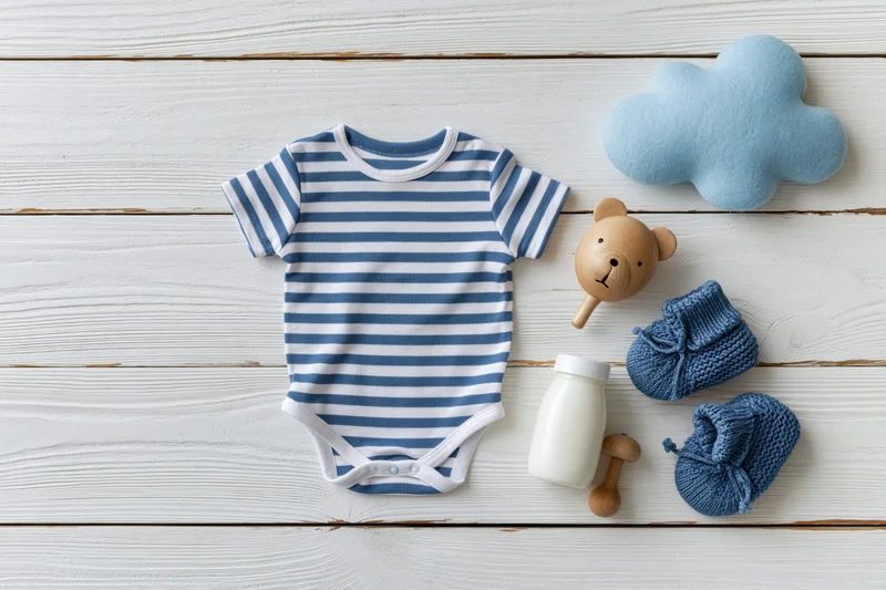 Baby onesie with booties, bottle, rattle and cloud plush arranged on white painted wooden plank