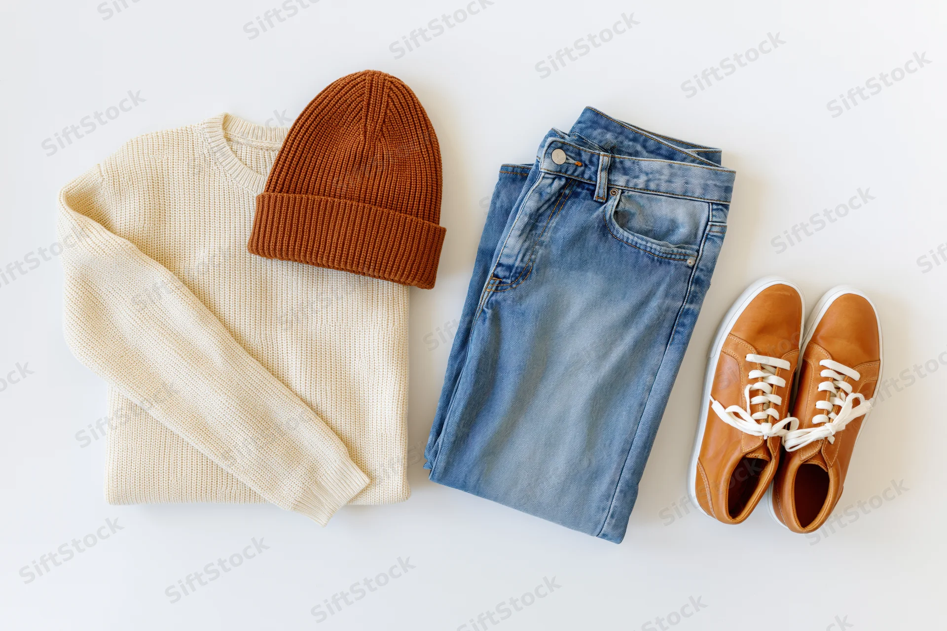 Casual autumn outfit laid flat on white background with sweater, jeans, beanie and shoes