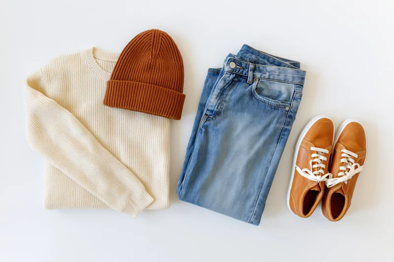 Casual autumn outfit laid flat on white background with sweater, jeans, beanie and shoes