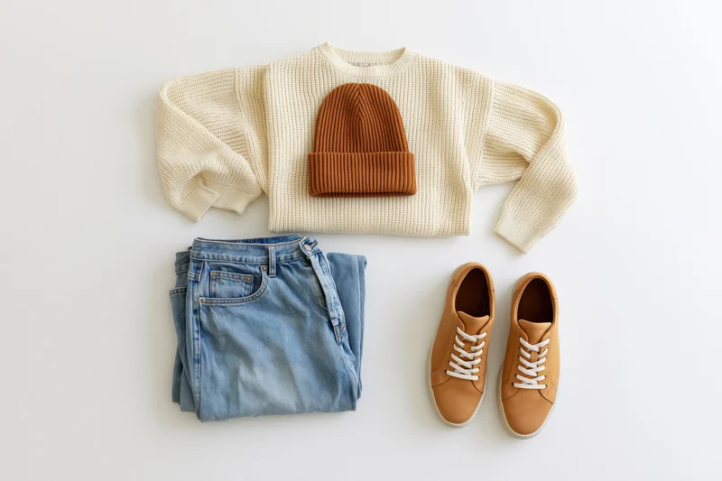 Casual autumn outfit laid flat on white background with sweater, jeans, sneakers and beanie