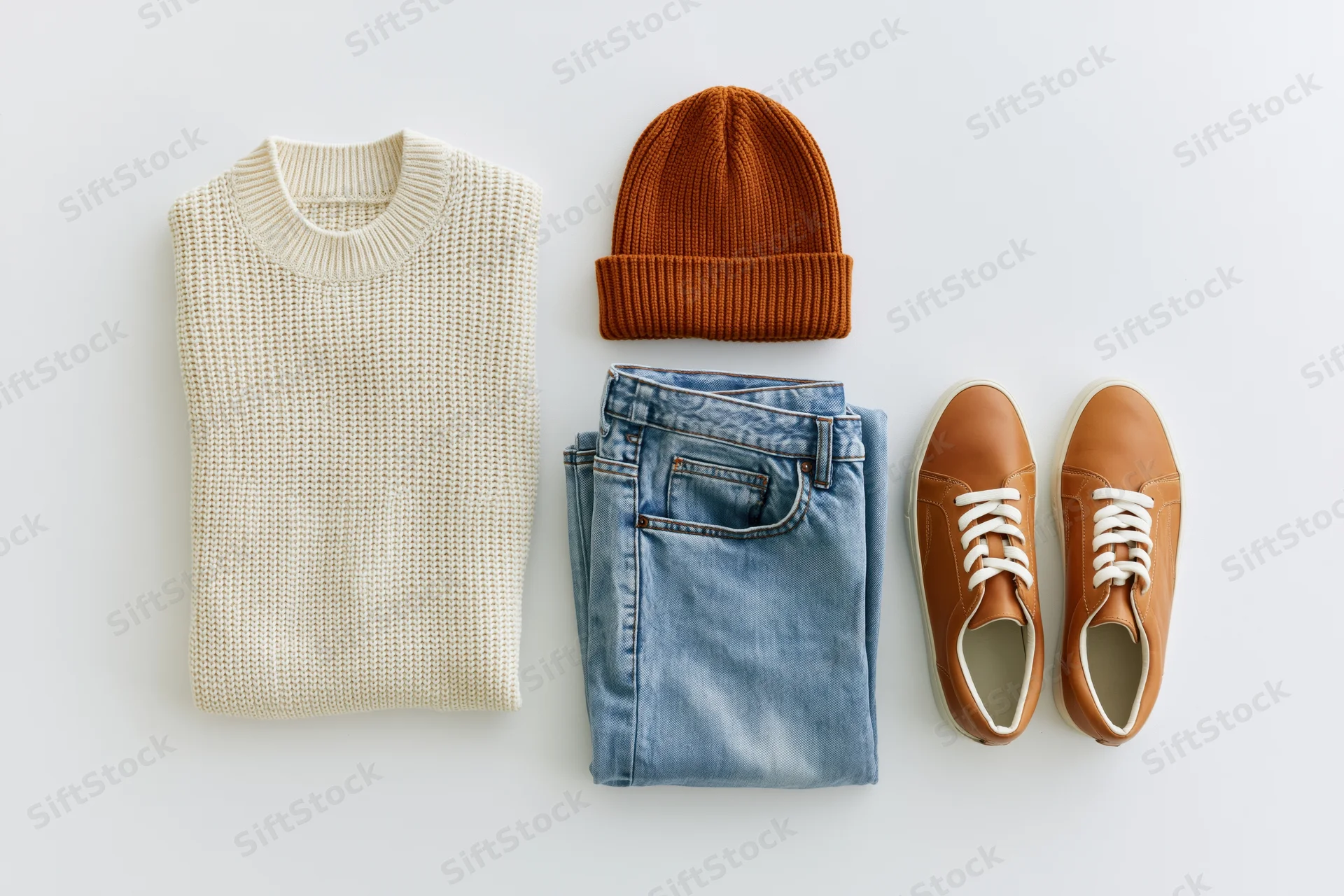 Flat lay of casual autumn outfit with sweater, jeans, beanie and sneakers on white background