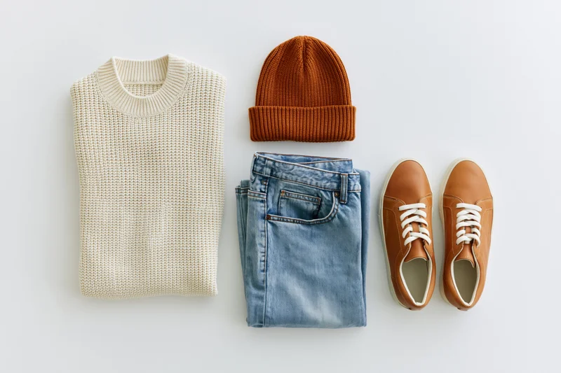 Flat lay of casual autumn outfit with sweater, jeans, beanie and sneakers on white background