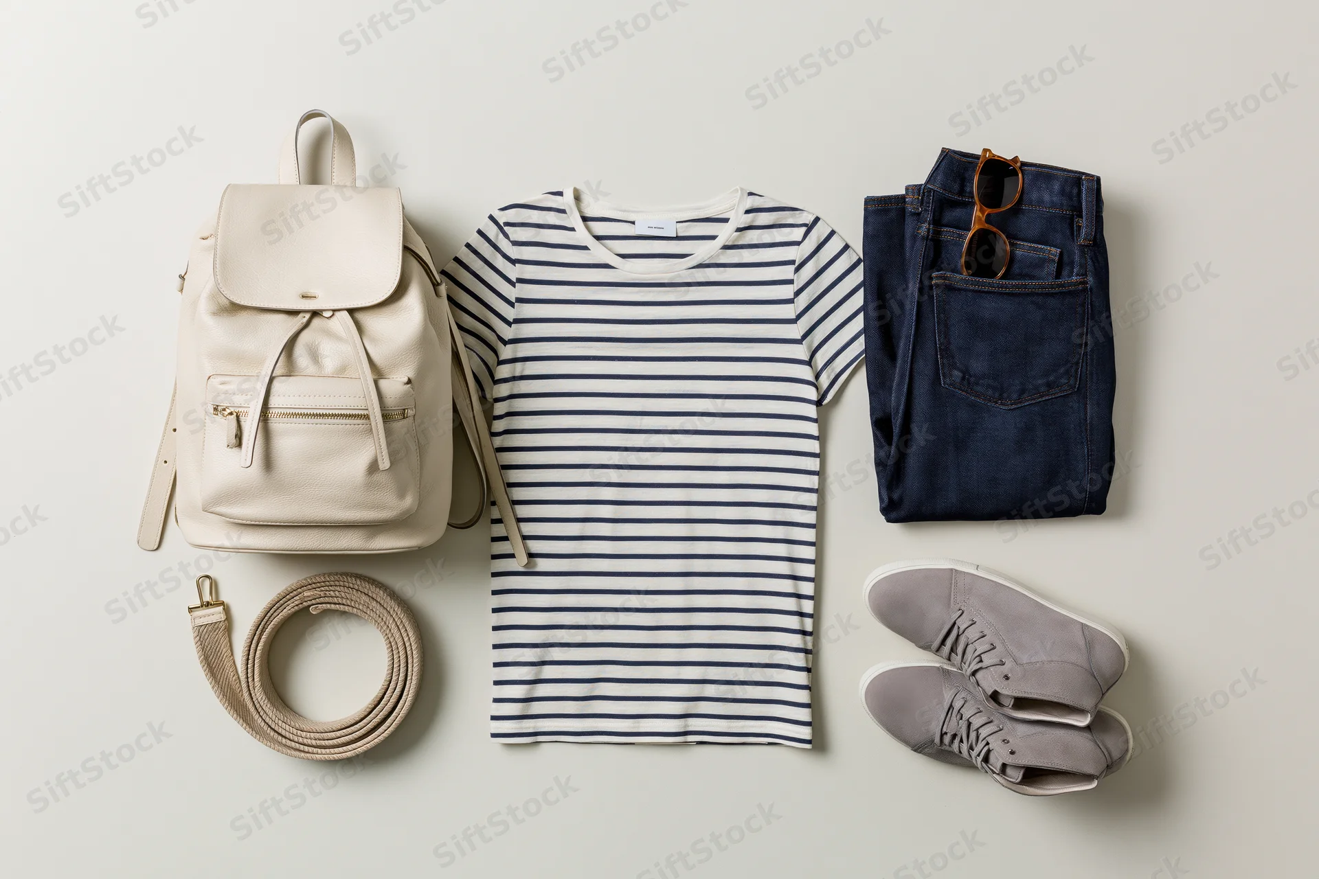 Flat lay of casual women's outfit with cream leather backpack, striped top, jeans, sneakers, sunglasses and belt on light background