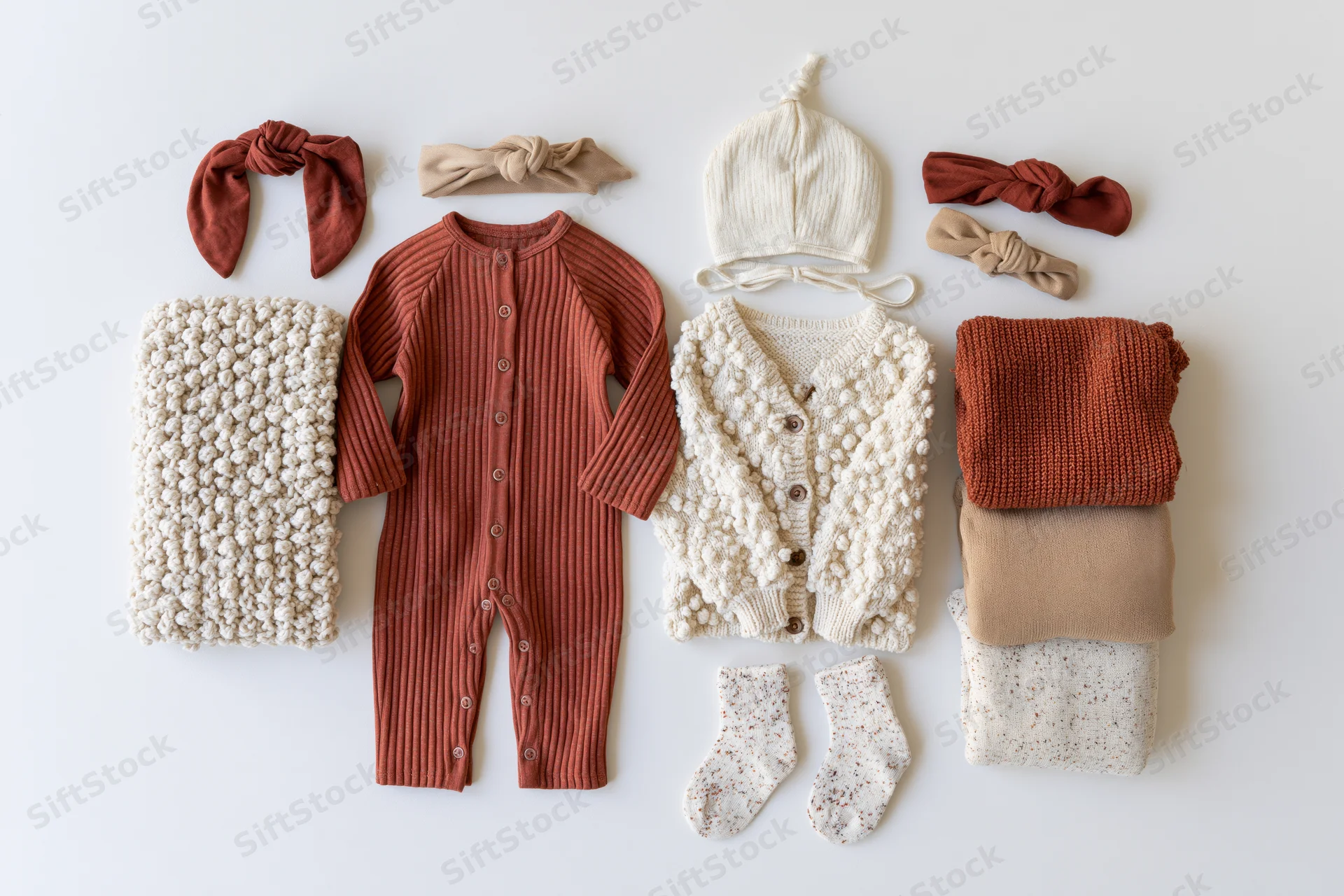 Baby clothing items arranged in flat lay on white background