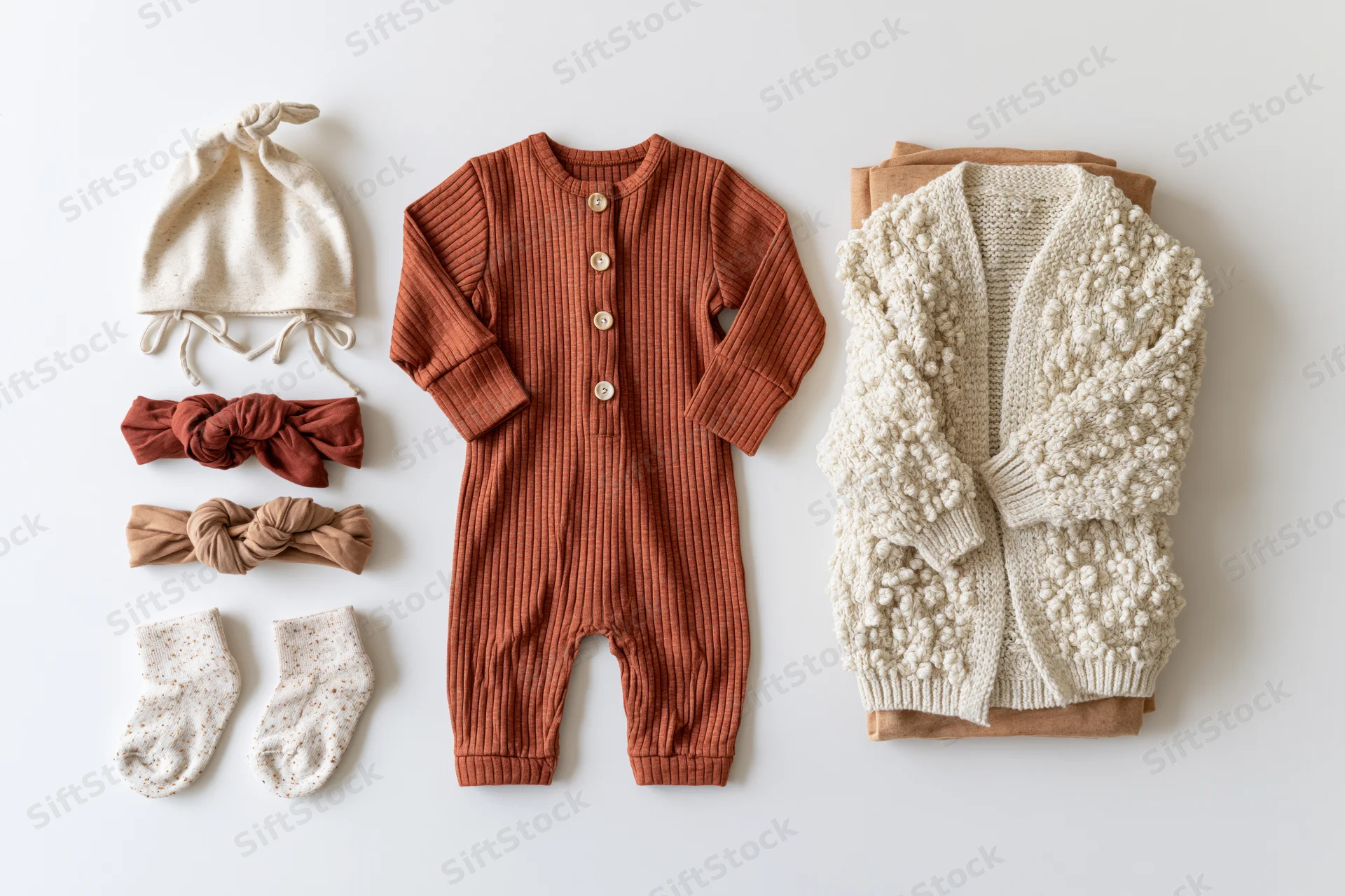 Baby clothing items arranged in flat lay on white background
