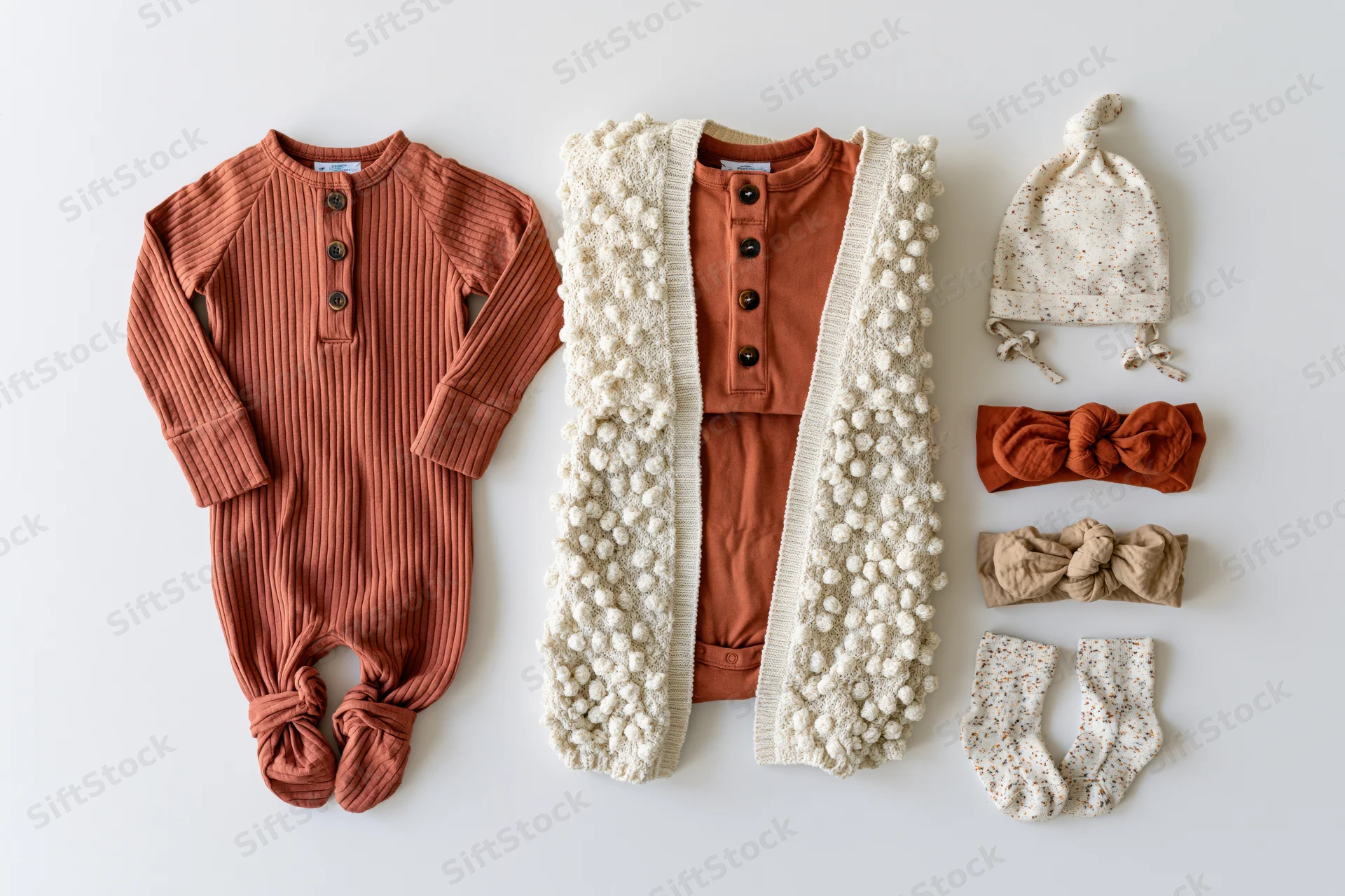 Baby clothing items arranged in flat lay on white background