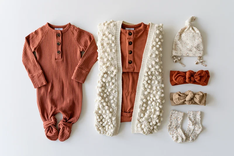 Baby clothing items arranged in flat lay on white background
