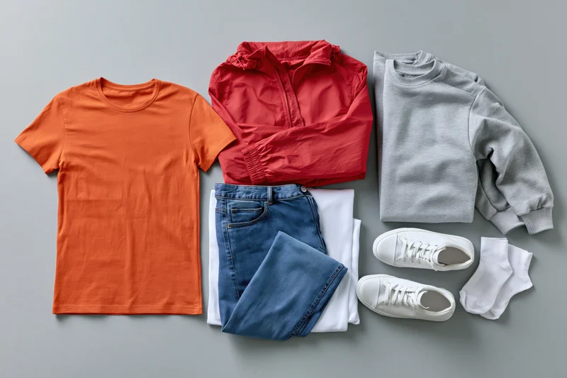 Folded casual clothing arranged in flat lay on light grey surface