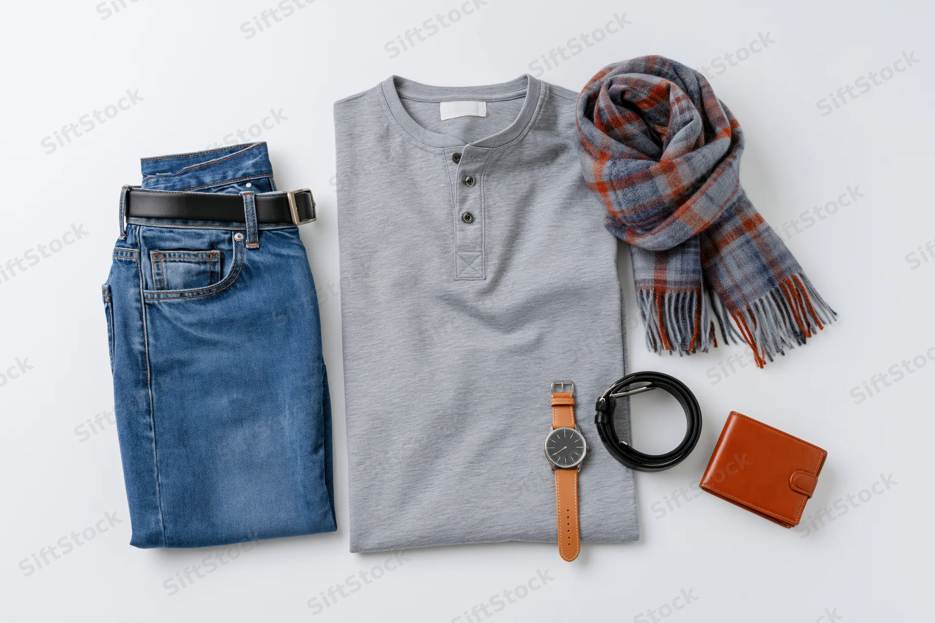 Men's casual outfit laid out with jeans, henley shirt, scarf, watch, wallet and belt on white surface