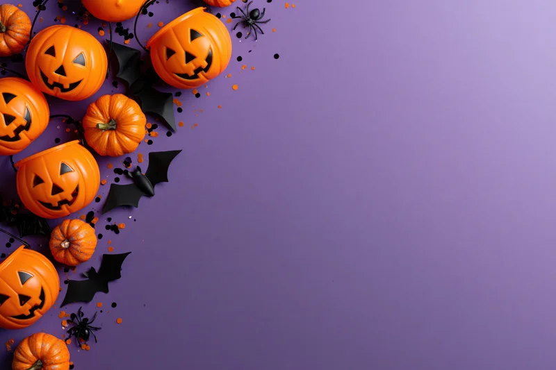 Jackolantern candy buckets and halloween decorations arranged in a flat lay on purple background with copyspace