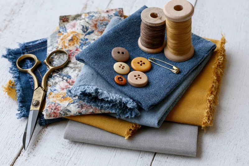 Stacked denim and fabric scraps with sewing tools on white surface
