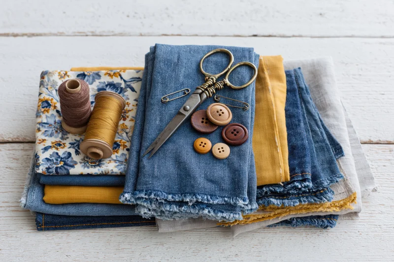 Stacked denim and fabric scraps with sewing tools on white wooden surface