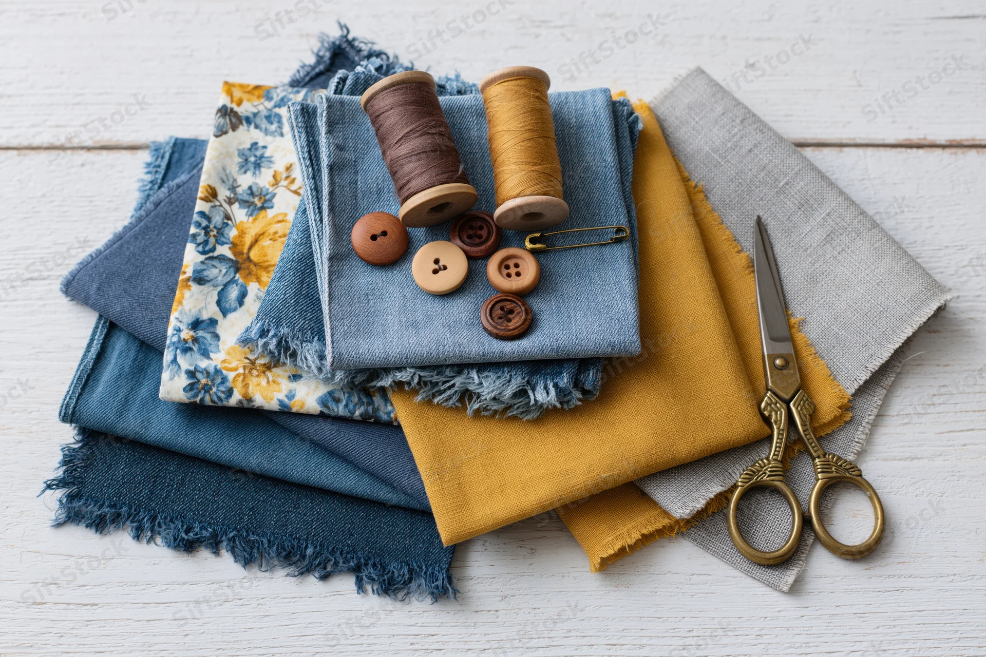 Stacked denim and fabric scraps with sewing tools on white wood surface