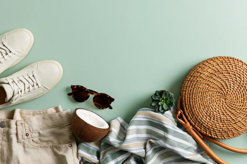 Summer accessories arranged in flat lay on mint green background with copyspace