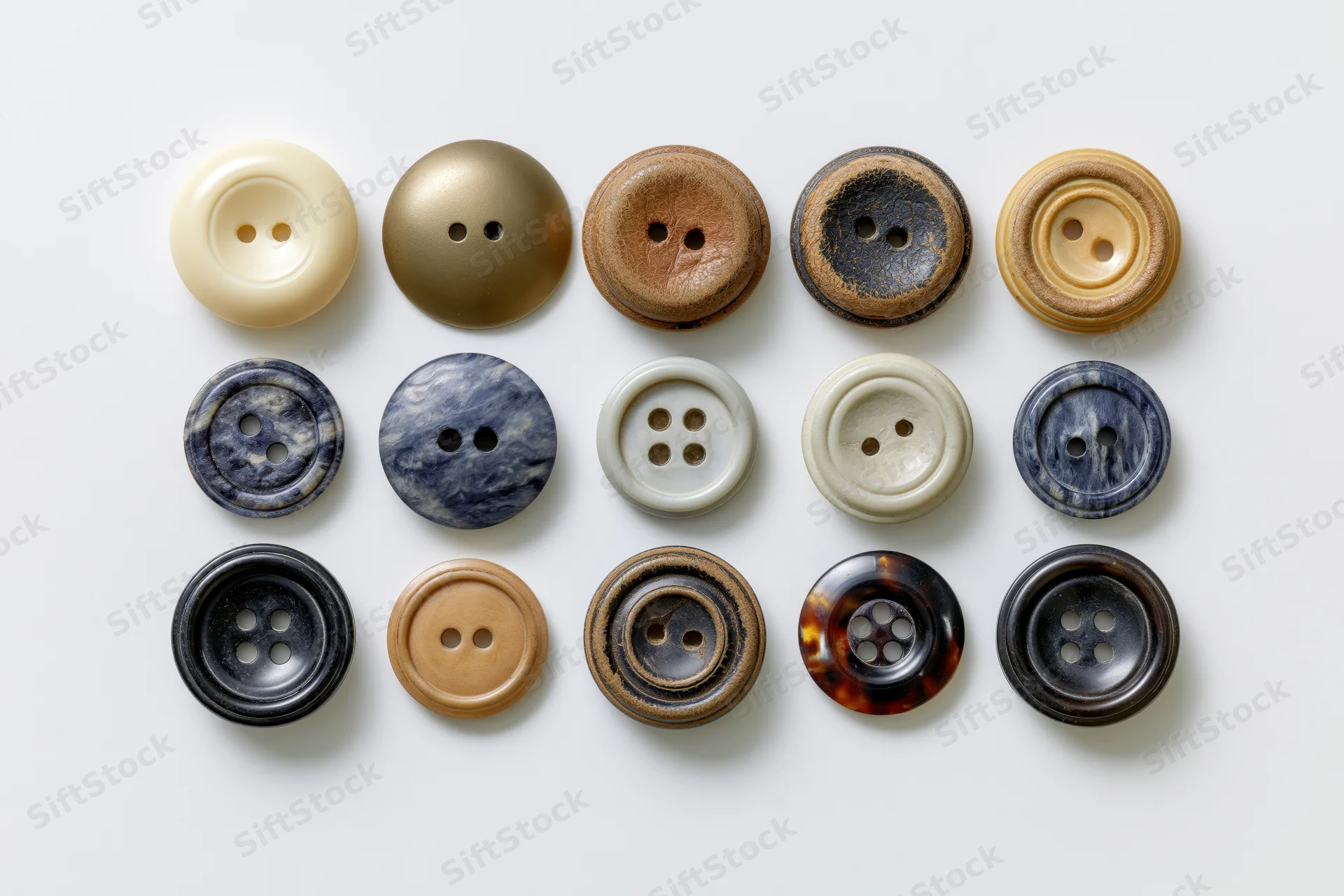 Thirteen assorted vintage sewing buttons arranged in rows on white surface
