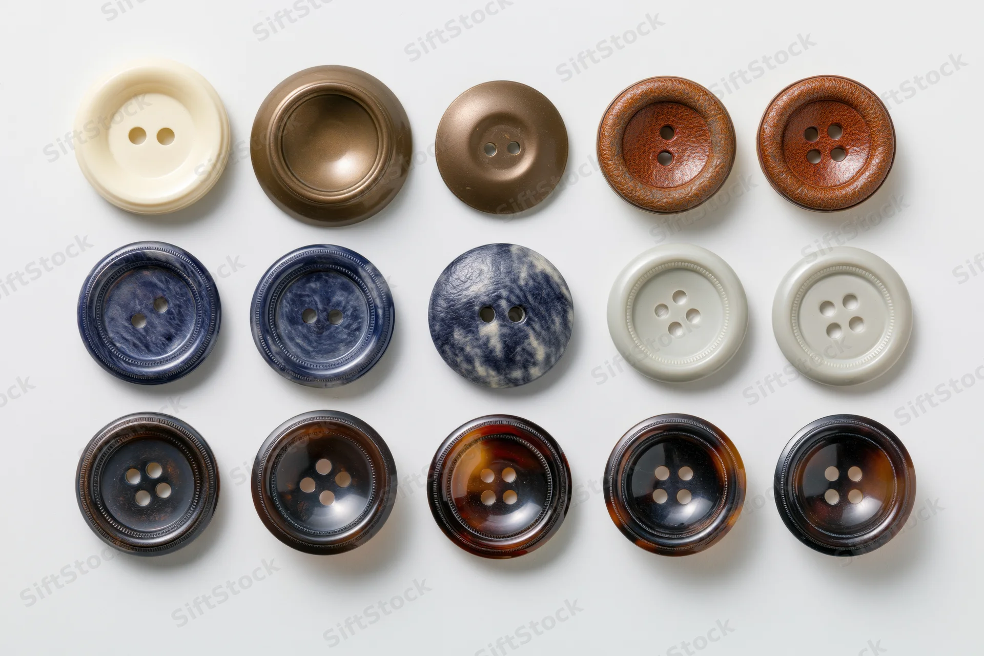 Thirteen vintage sewing buttons arranged in rows on a white surface