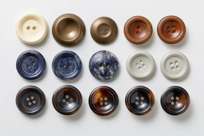 Thirteen vintage sewing buttons arranged in rows on a white surface