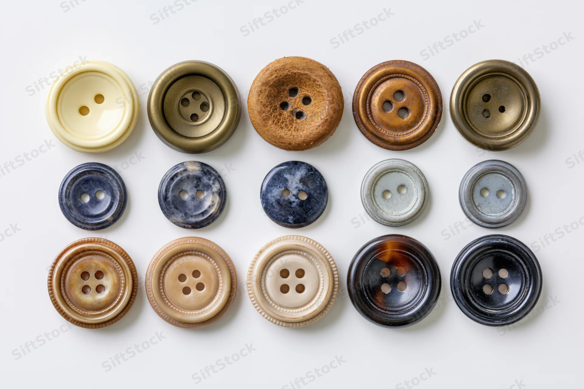 Thirteen vintage sewing buttons arranged in rows on a white background