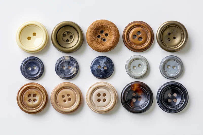 Thirteen vintage sewing buttons arranged in rows on a white background