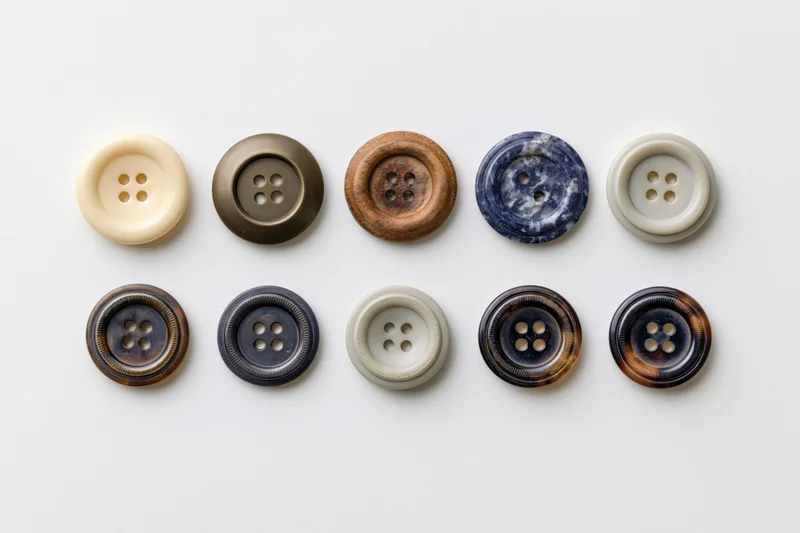 Thirteen vintage sewing buttons arranged in two rows on white background
