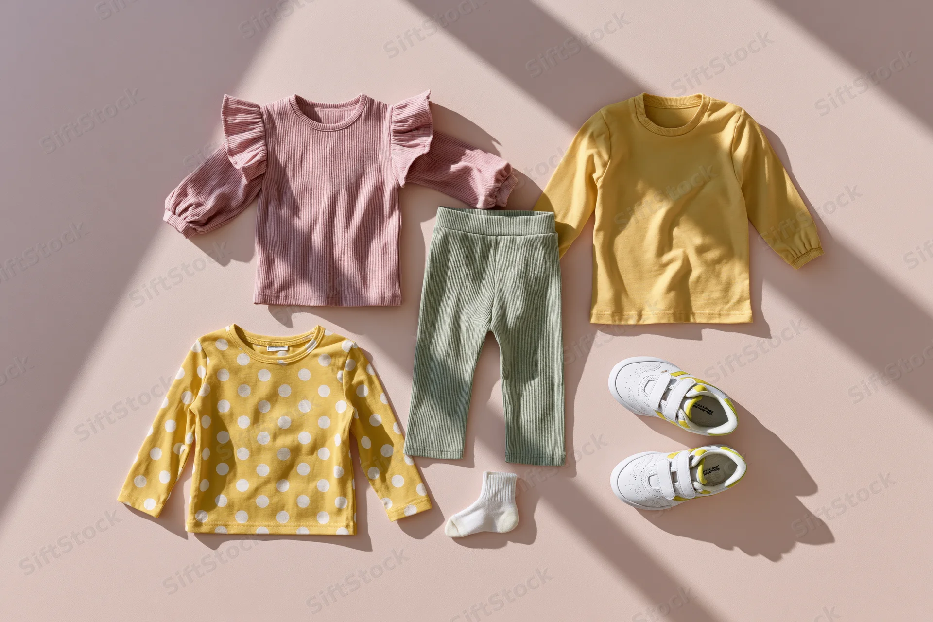 Toddler girl clothing set arranged flat on pastel surface with shadows from overhead light