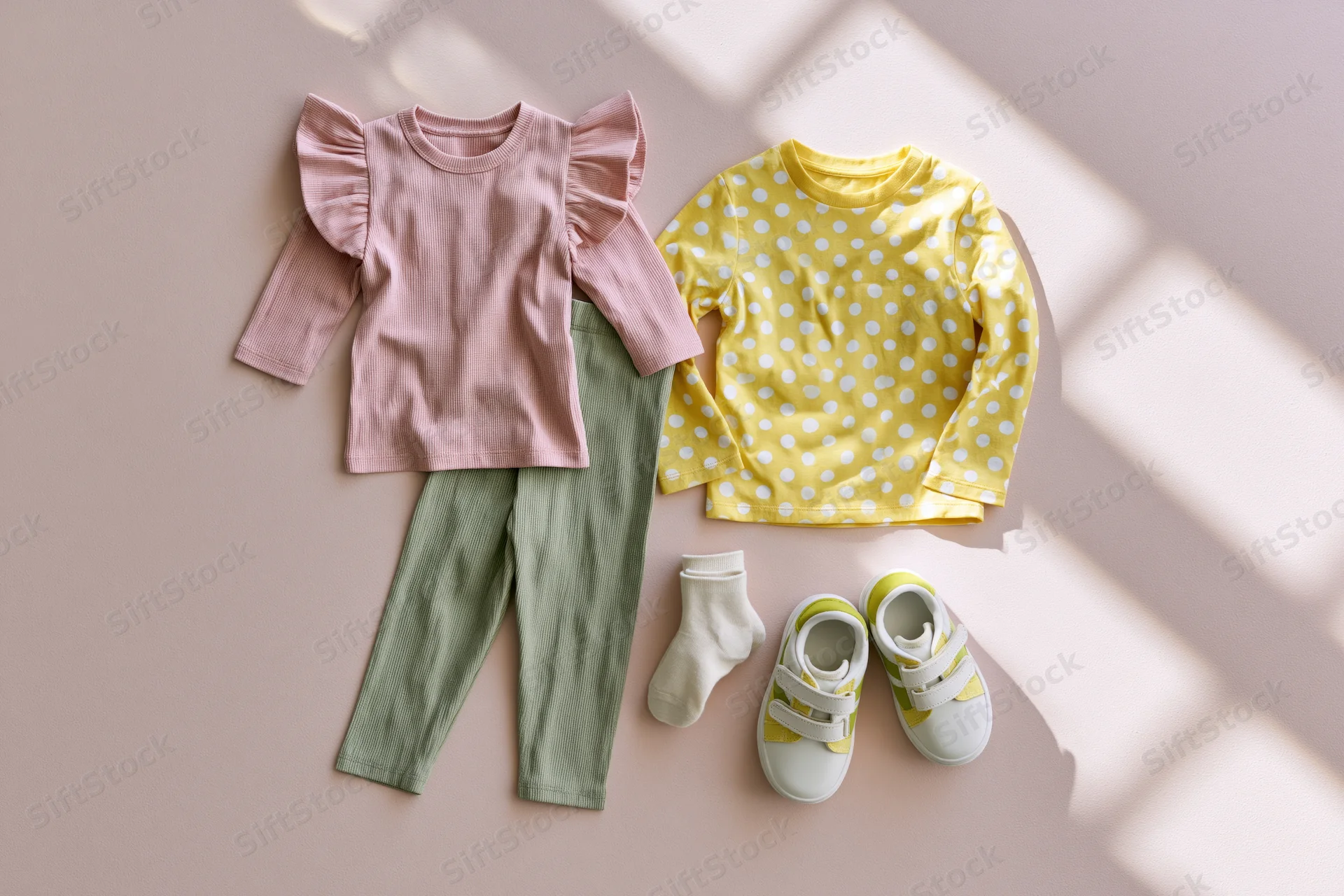 Toddler girl clothing set laid flat on pastel surface with sunlight patterns