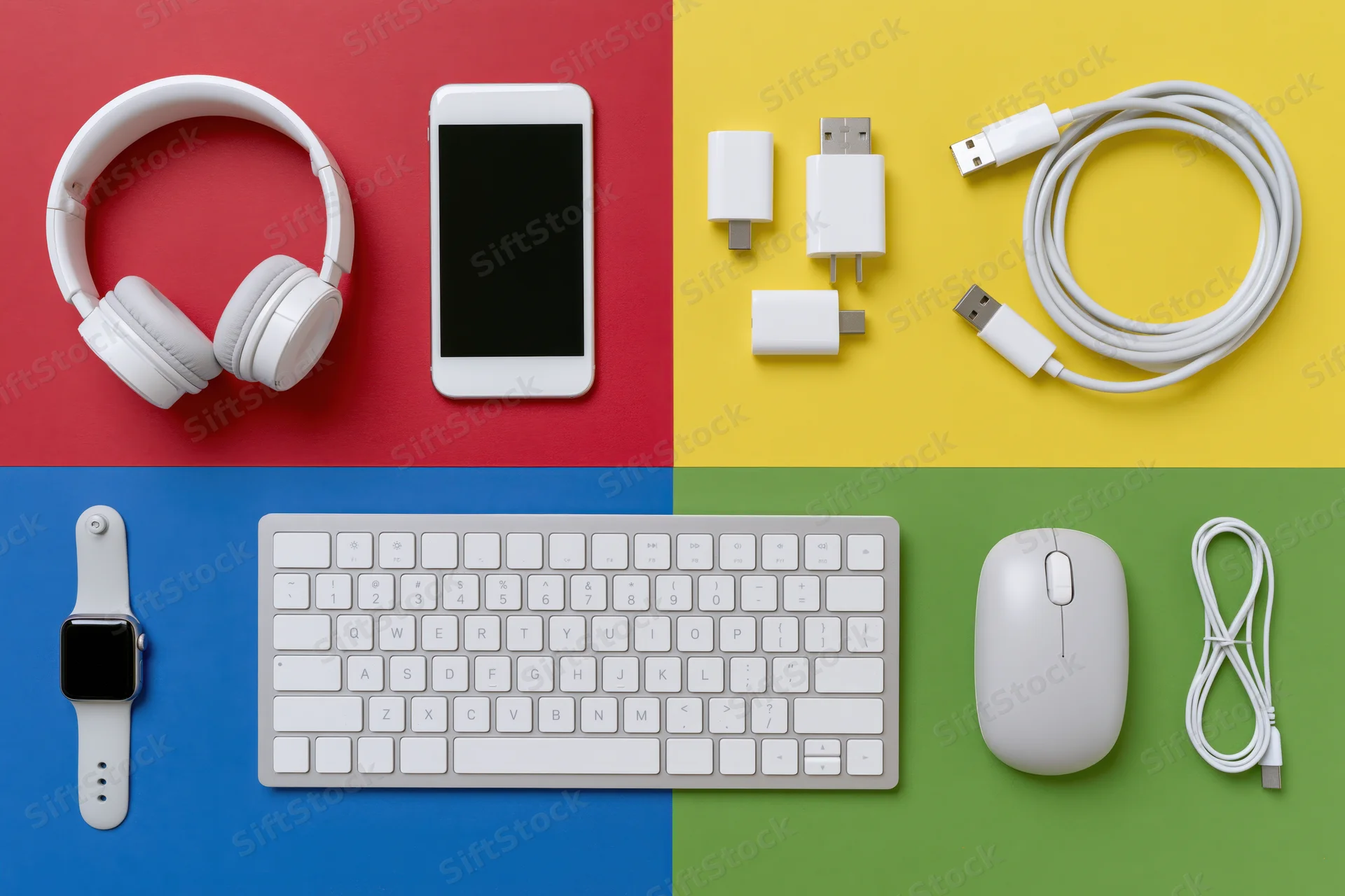 White tech accessories arranged in a flat lay on a four-color background