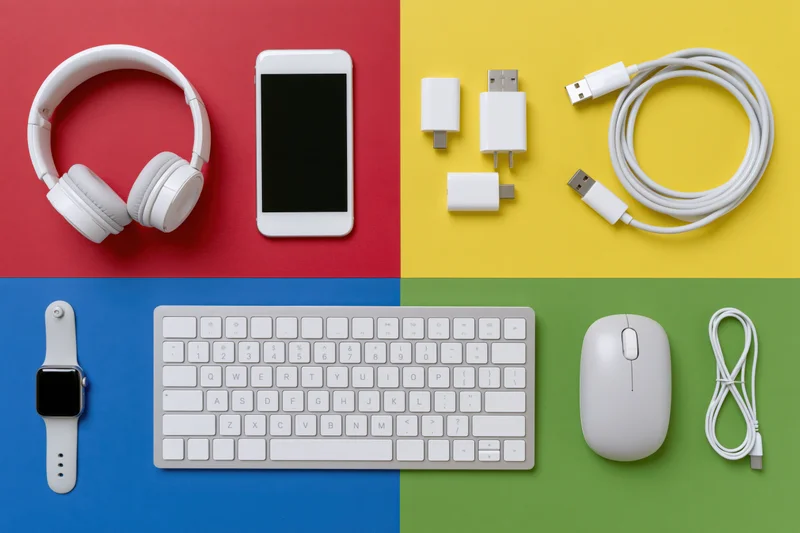 White tech accessories arranged in a flat lay on a four-color background