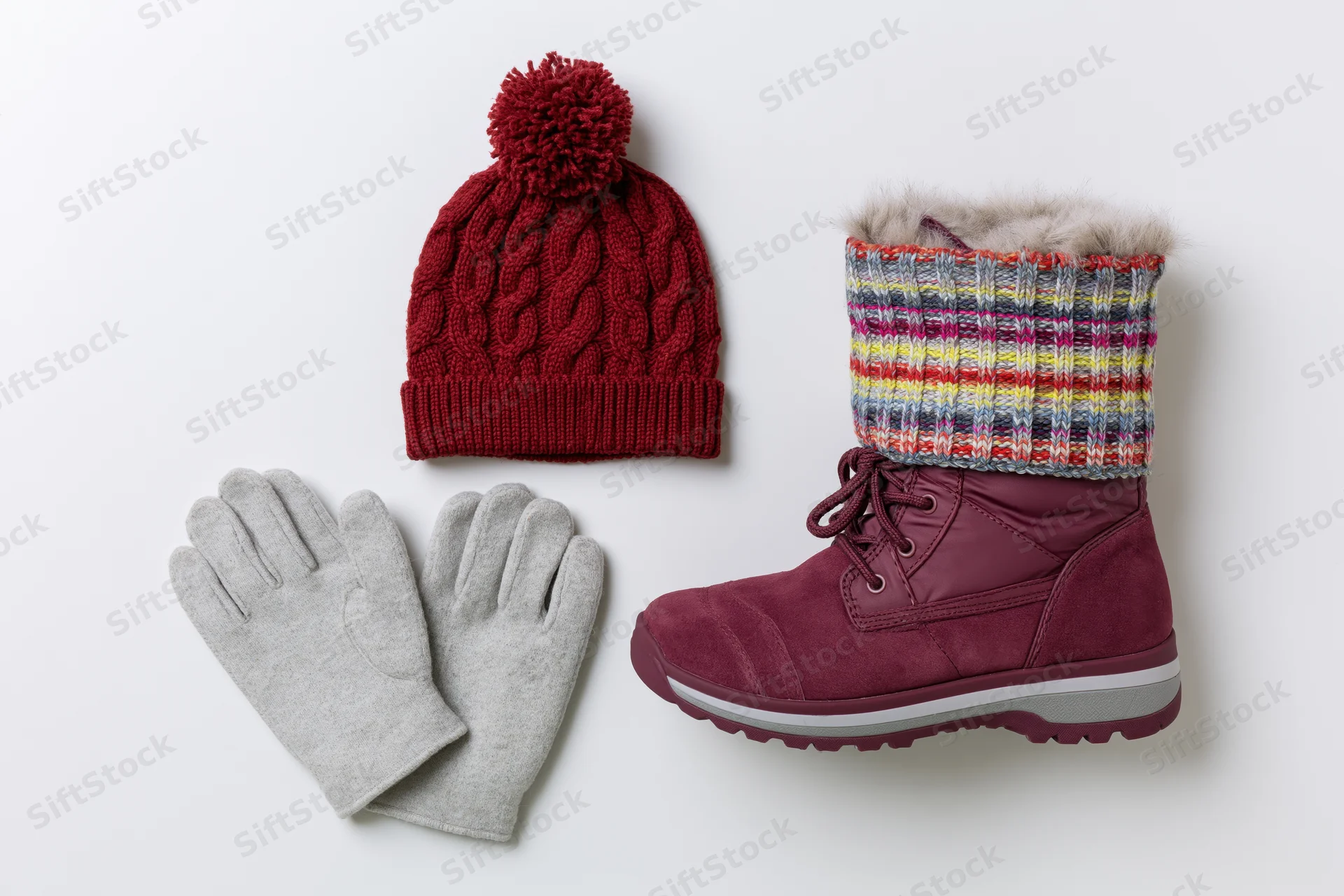 Winter accessories including a knit hat with pompon, gloves, and a boot with plaid cuff arranged on white background