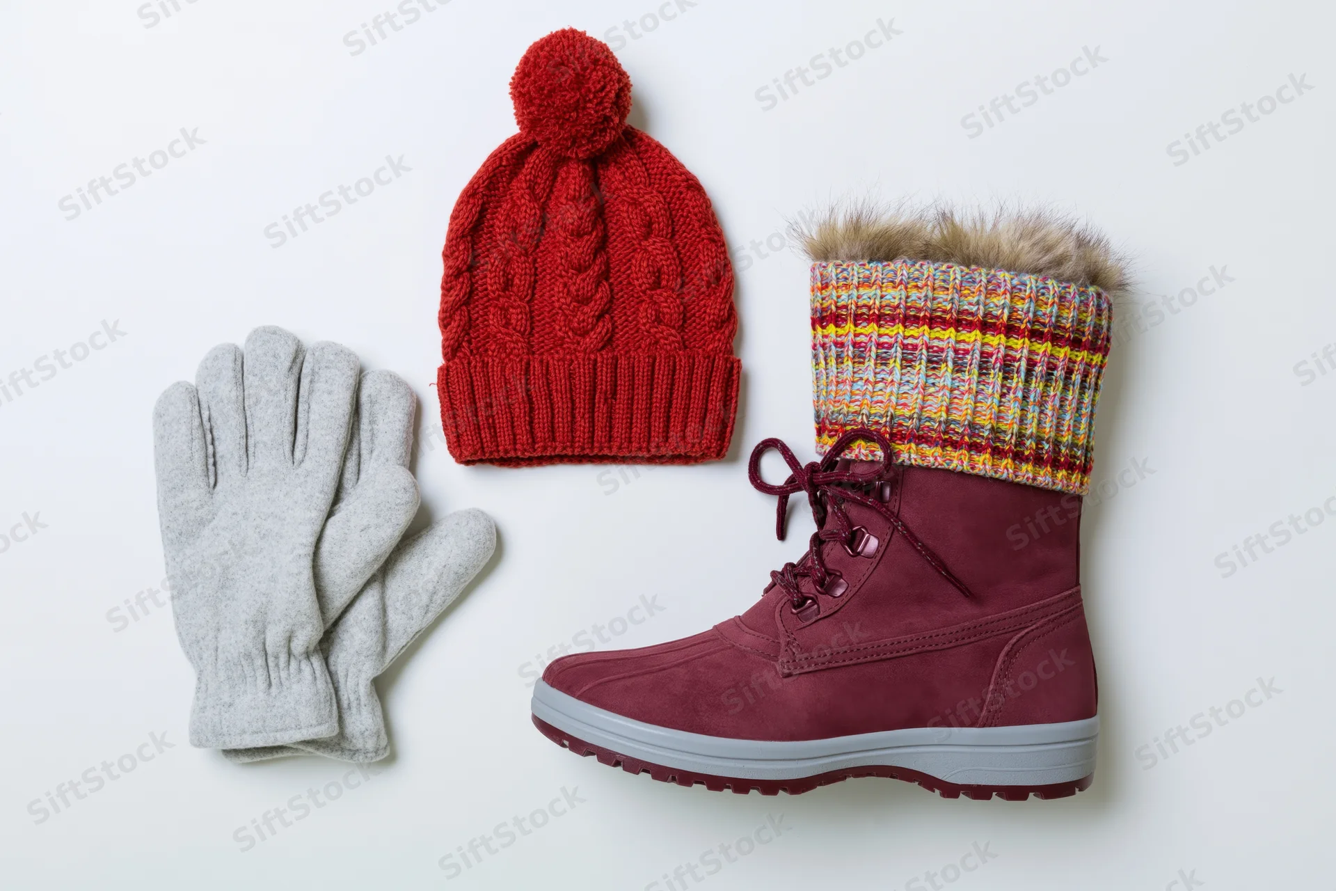 Winter accessories including a knitted hat, gloves and a boot arranged on a white background