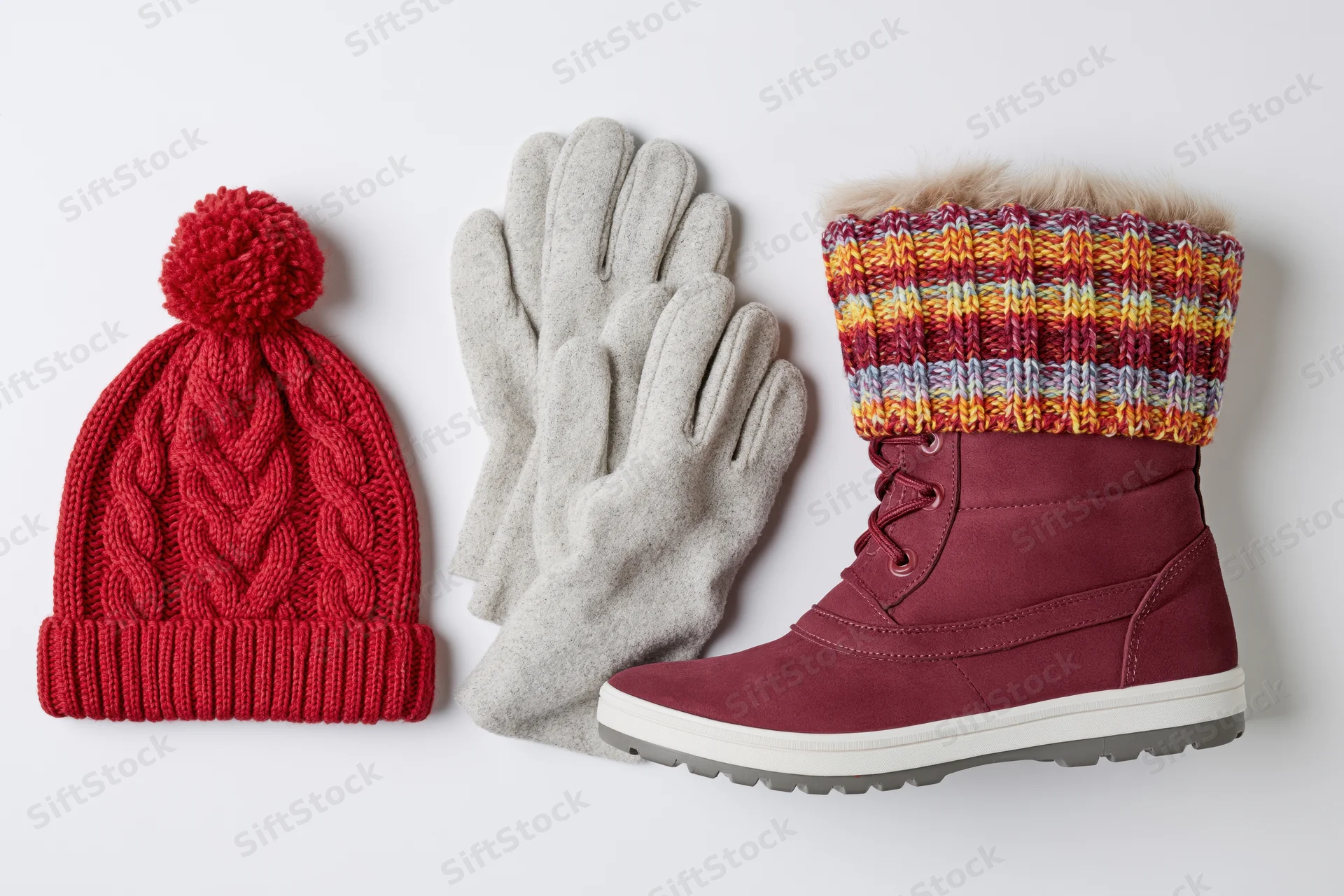Winter accessories including a red knit hat, gray gloves, and a maroon boot with striped knit cuff arranged on a white surface