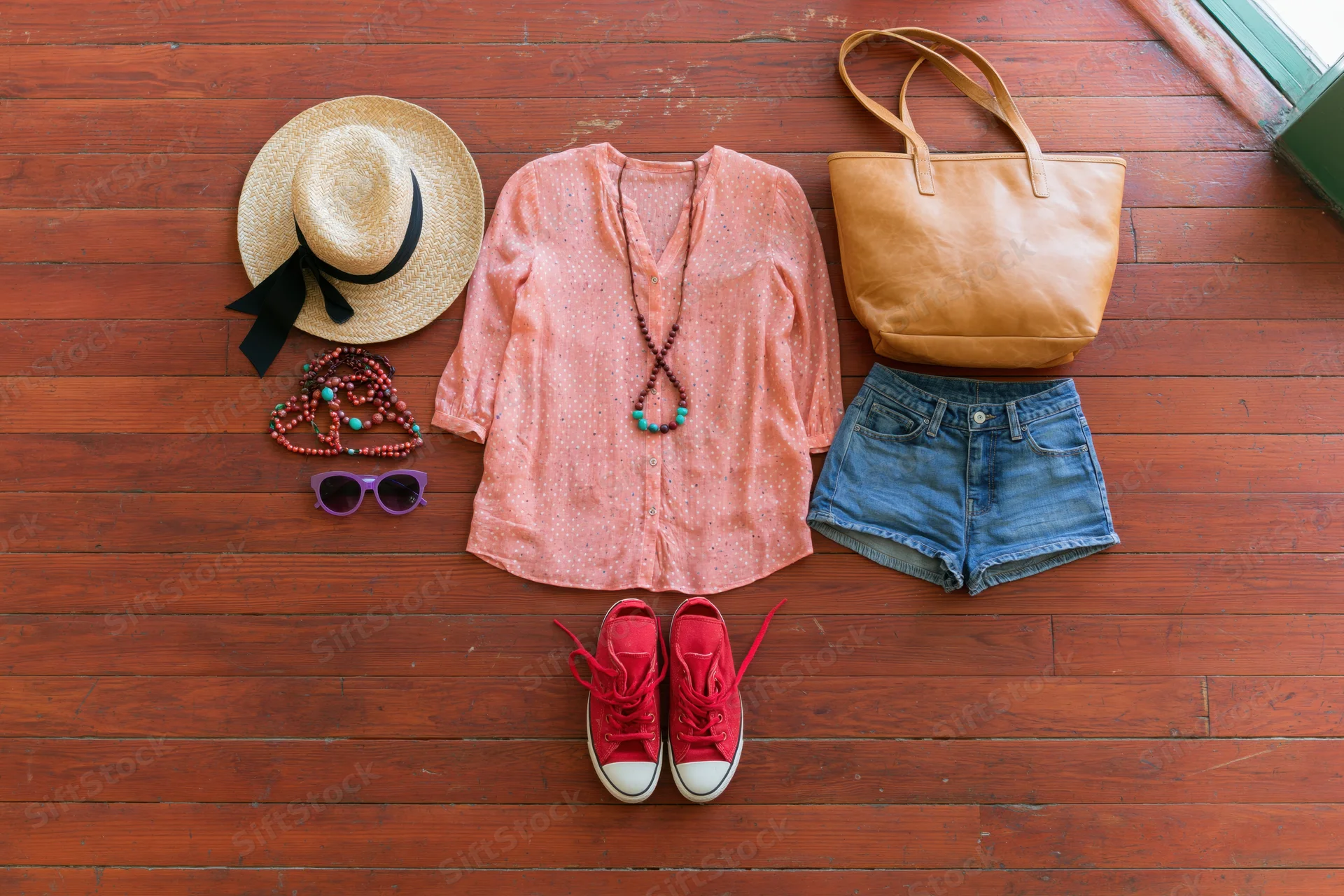 Women's summer outfit with accessories arranged on wooden floor