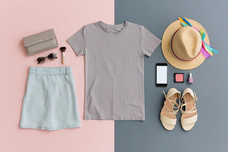 Women's summer outfit and accessories arranged in flat lay on pink and gray background
