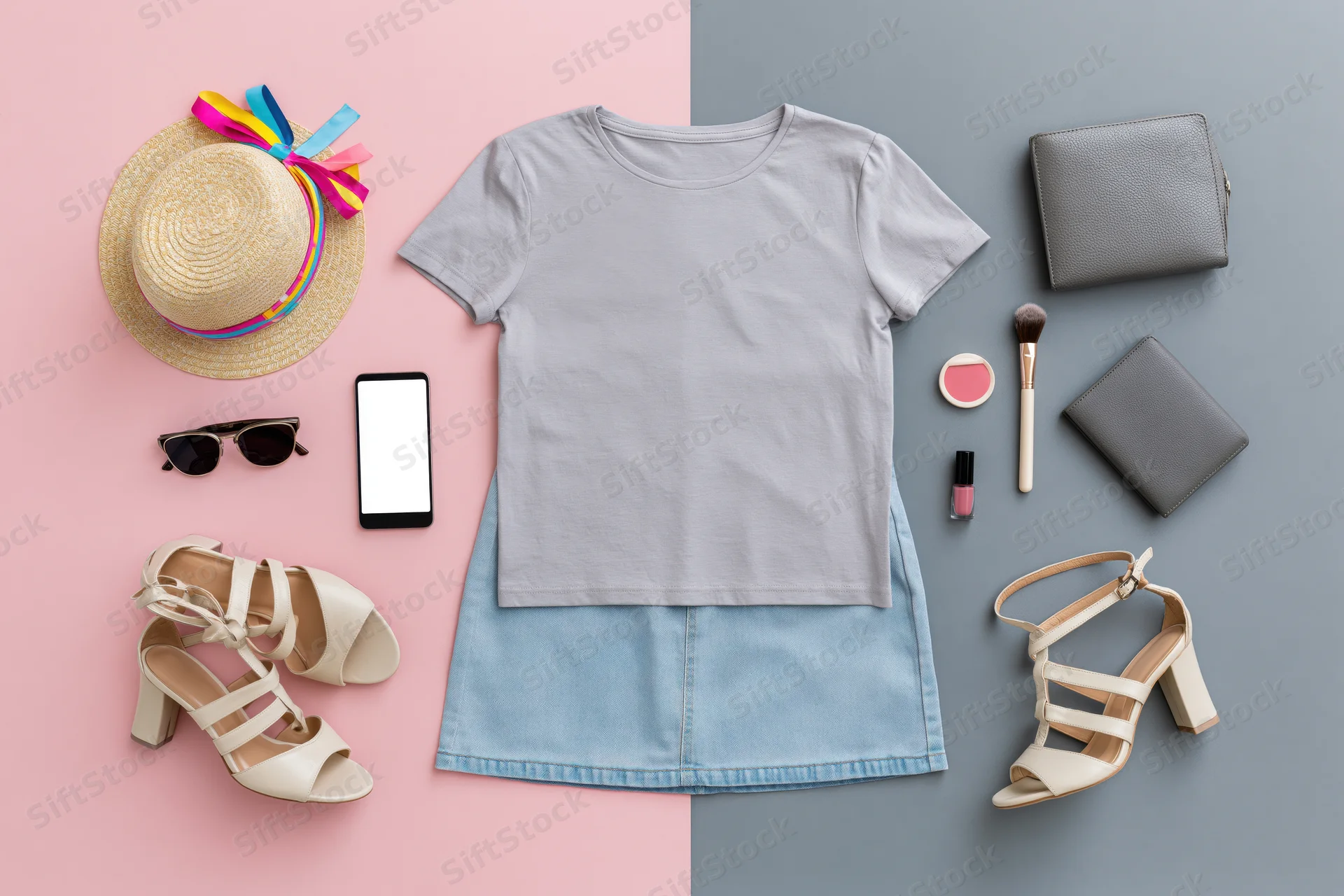 Women's summer outfit with accessories arranged flat on pink and gray background