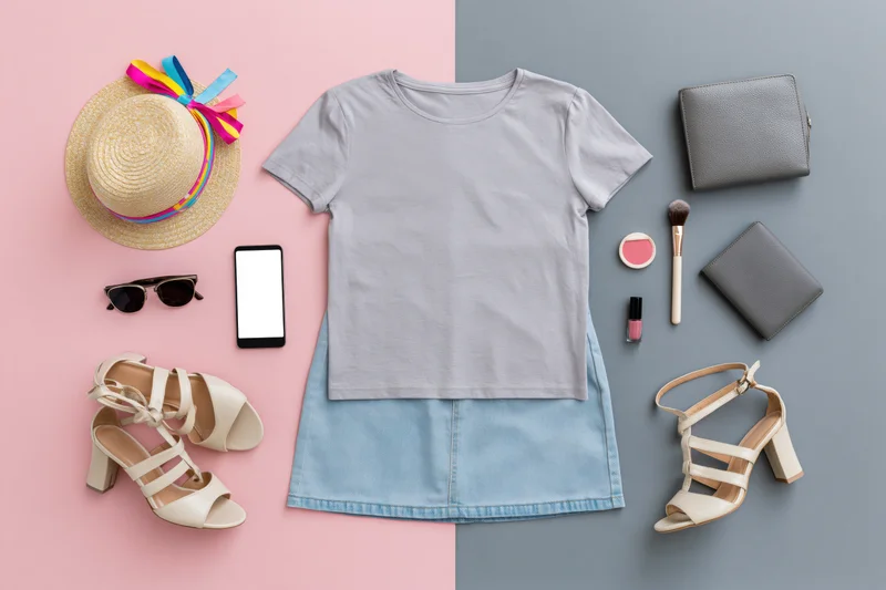 Women's summer outfit with accessories arranged flat on pink and gray background