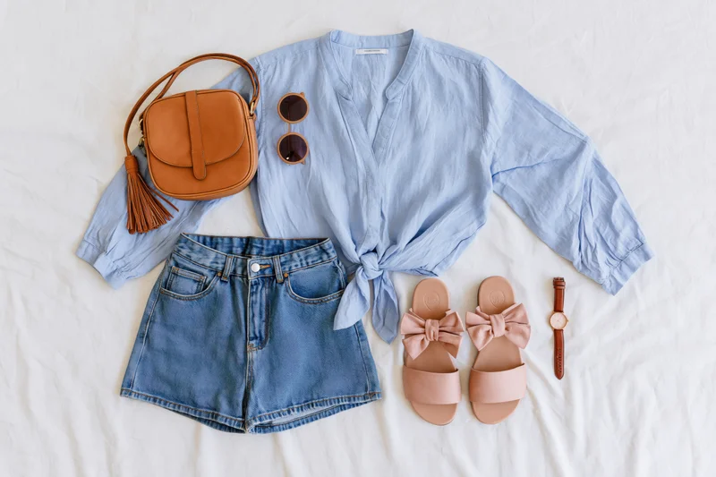 Women's summer outfit flat lay with denim shorts, blue blouse, sandals, bag and accessories on white cotton sheet