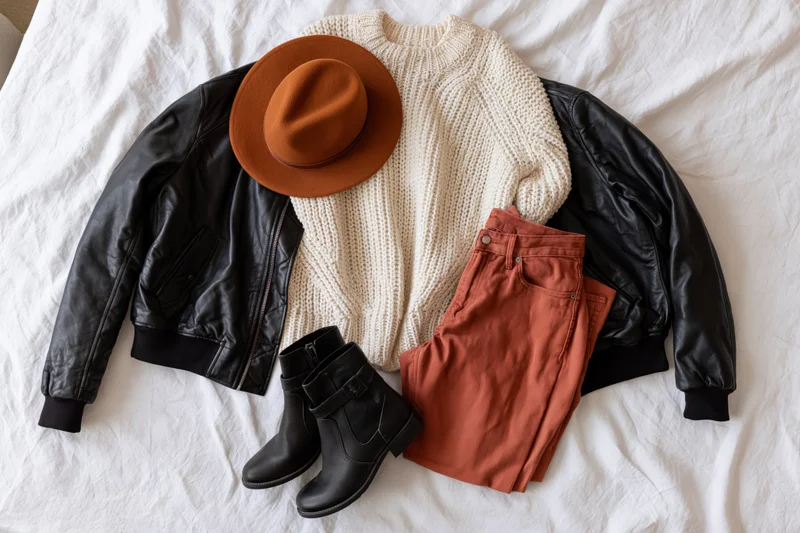 Flat lay of women's autumn outfit with black leather jacket, cream sweater, brown pants, fedora hat and ankle boots on white linen bed sheet