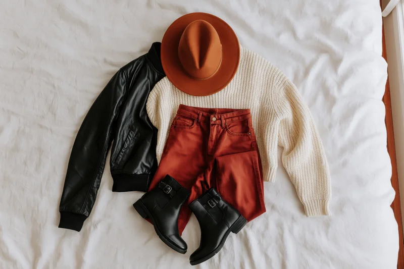 Flat lay of autumn outfit with black leather jacket, cream sweater, red corduroy pants, black boots and brown fedora on white linen bed sheet