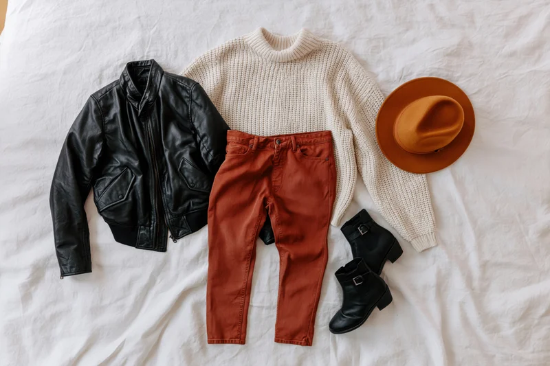 Flat lay of women's autumn outfit with black leather jacket, brown jeans, cream sweater, boots and hat on white linen bedsheet