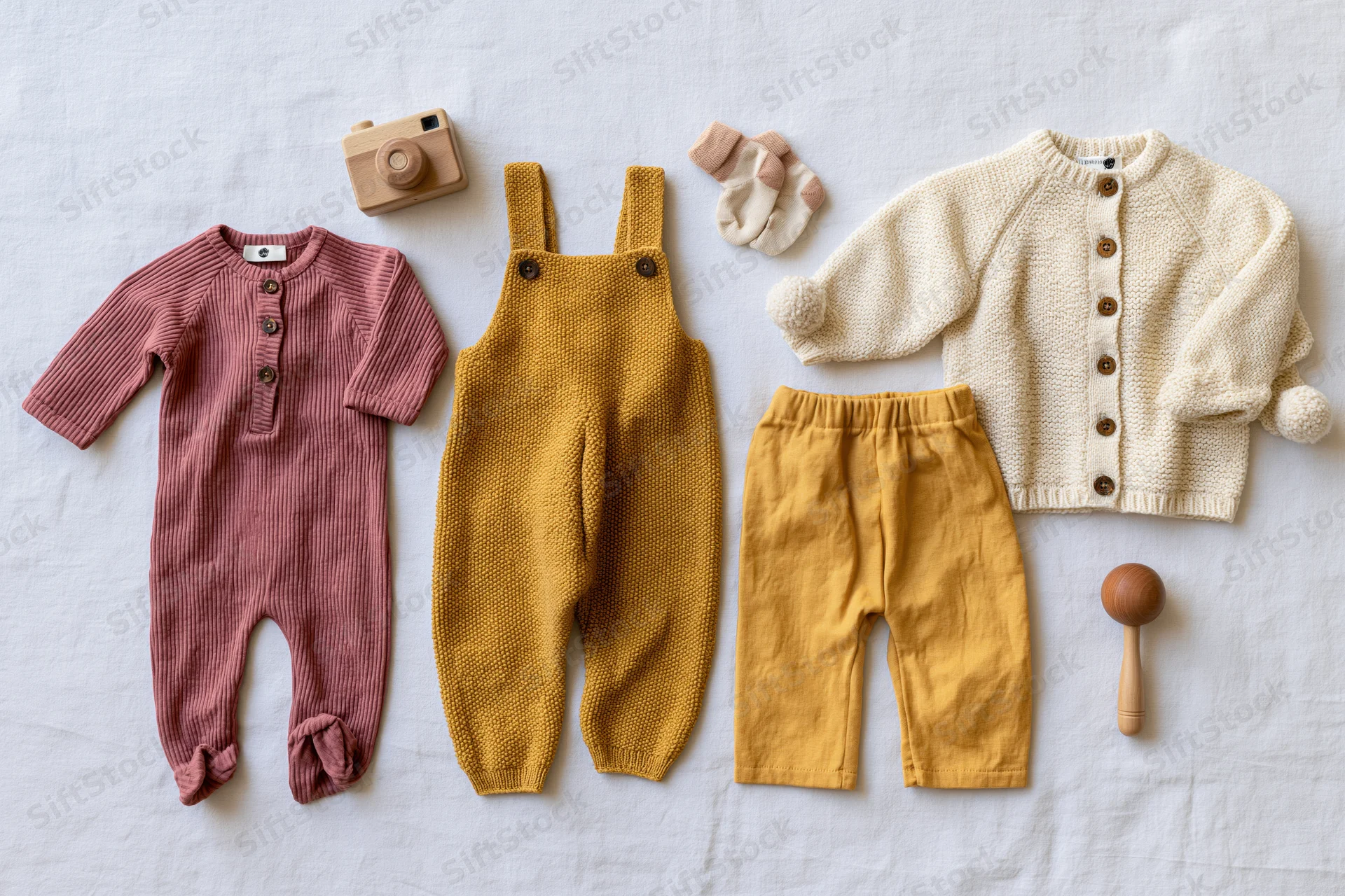 Baby clothing and accessories arranged in flatlay on white surface