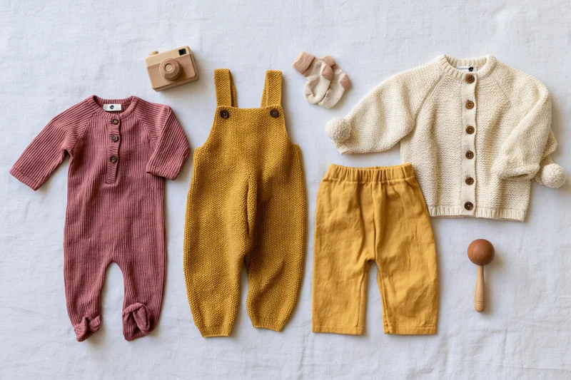 Baby clothing and accessories arranged in flatlay on white surface
